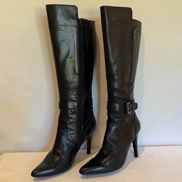 NINE WEST Reindeero Black Leather Strap Heel Zipper Women's Boot Size 8-1/2B - Picture 1 of 11